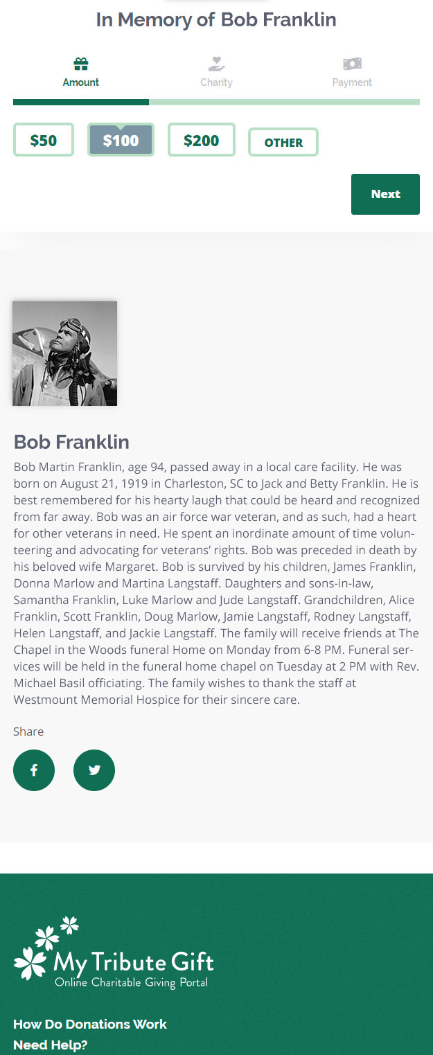 obituary in mobile view